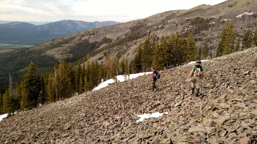 Scrambling down the scree slopes. The trail becomes very faint at this point but it’s obvious where to go.