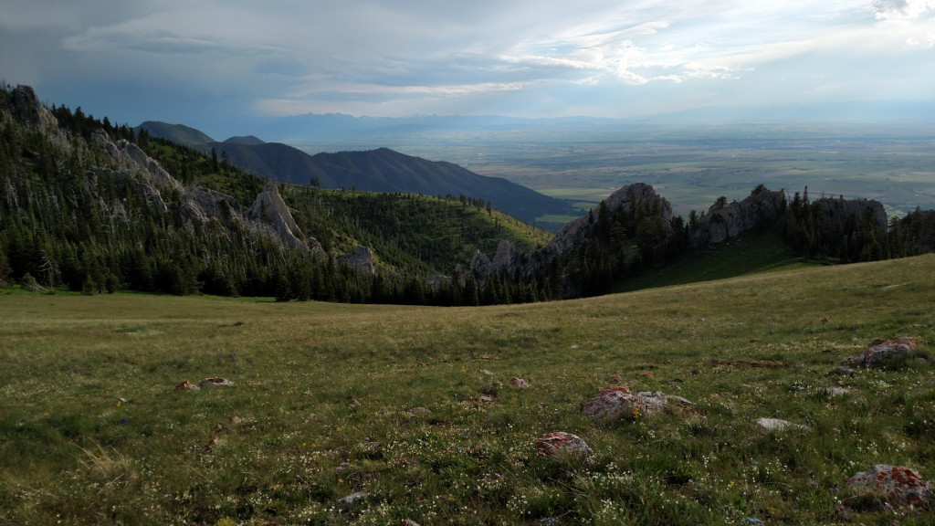 View of Bozeman and the Gallatin Valley. The spire and campsite are to the right.