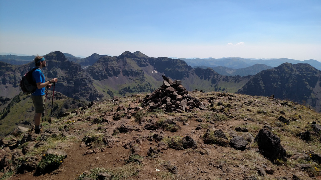 The Summit. Mount Bole (center left) in the distance and Alex Lowe Peak to the right.