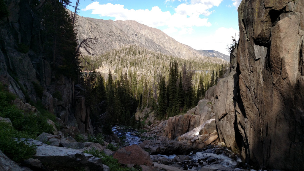 View looking down the gorge. Granite Lake is to the left and Blue Lake to the right.