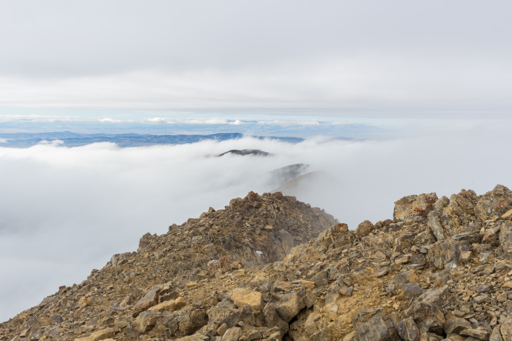 Looking north from the summit of Hardscrabble. Everything is immersed in clouds.