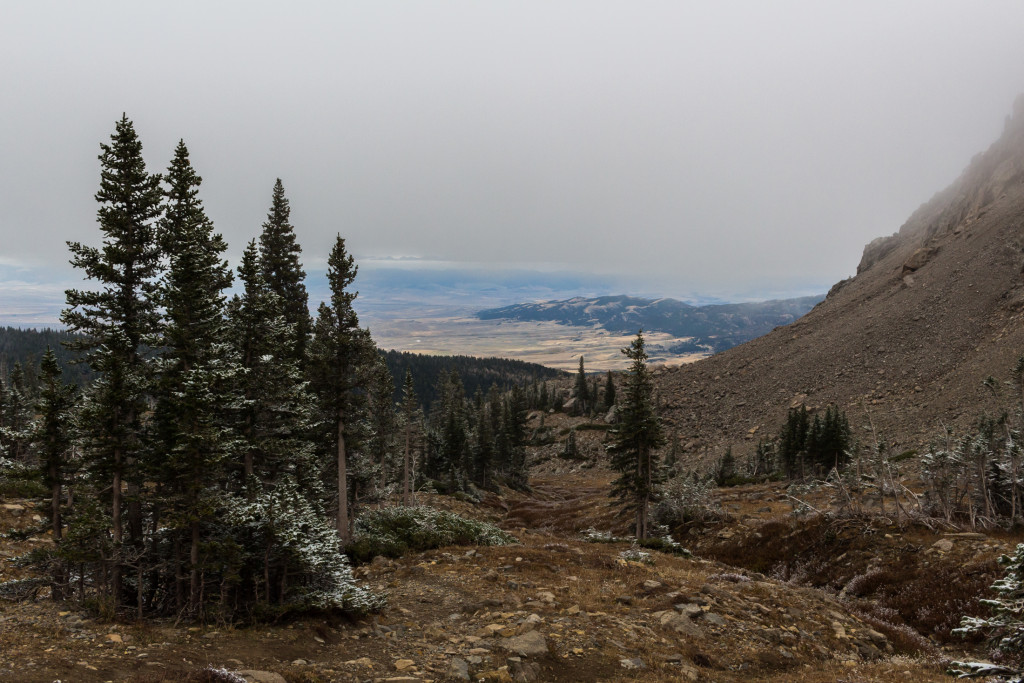 Looking down the Sacajawea drainage. Clearly much of the fog had lifted by now.