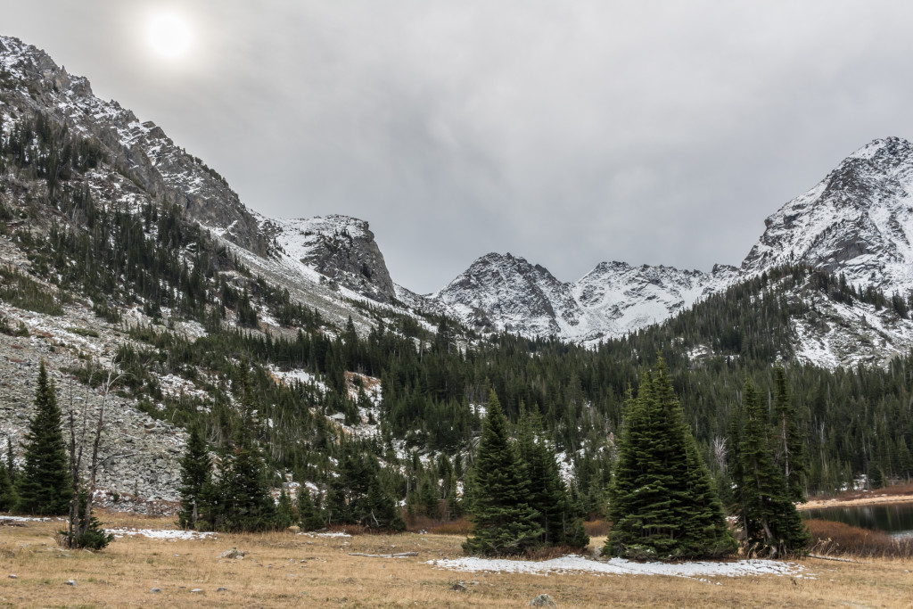 Looking south from the campsite. The trail continues through the mountain pass to the left towards Summit Lake.