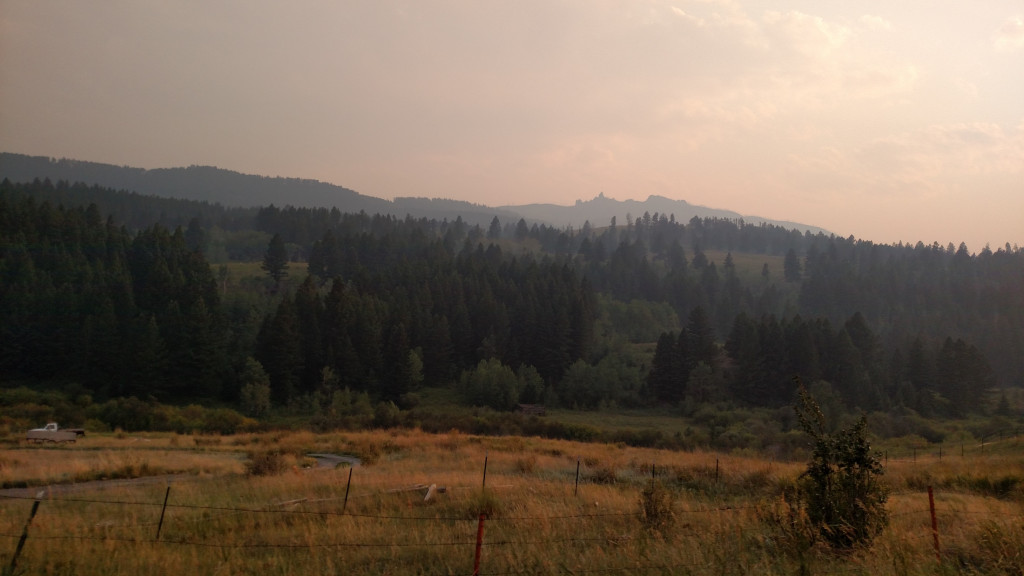 Chimney Rock amidst the smoke.