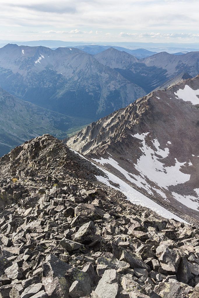 Looking north from the summit. Sunlight Peak on the far left. Conical can also be climbed from Cave Lake via this ridge.