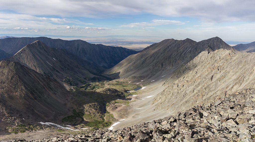 Looking northeast from the summit. Cave Lake lies behind the ridge on the left.