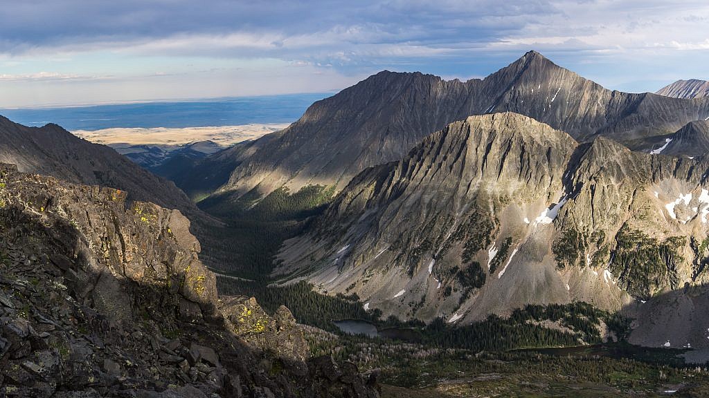 Looking down the Big Timber drainage. Crazy Peak on the right, Big Timber Peak just to the left, and Granite Peak in front. This is basically the eastern edge of the Rocky Mountains.