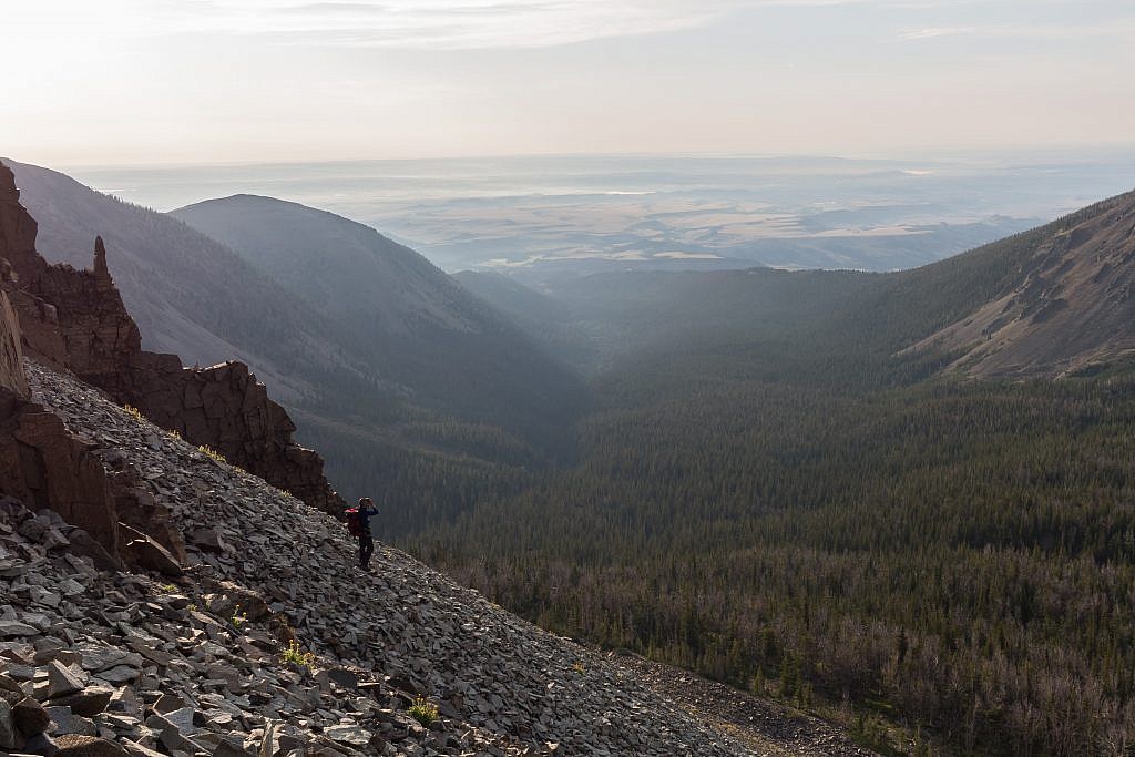 It was a brutal time sidehilling along the scree slopes. Nice shot of the drainage we came up.