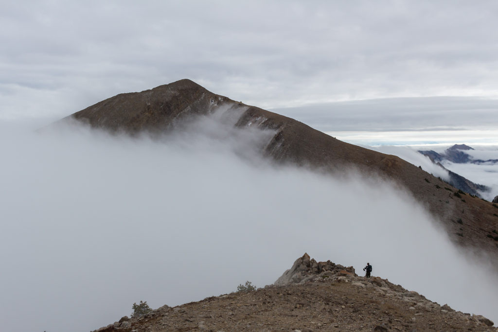 Sacajawea on the way back down. An enormous amount of fog was still jammed up in the valley. I must admit the Bridgers looked unusually badass on this particular day.