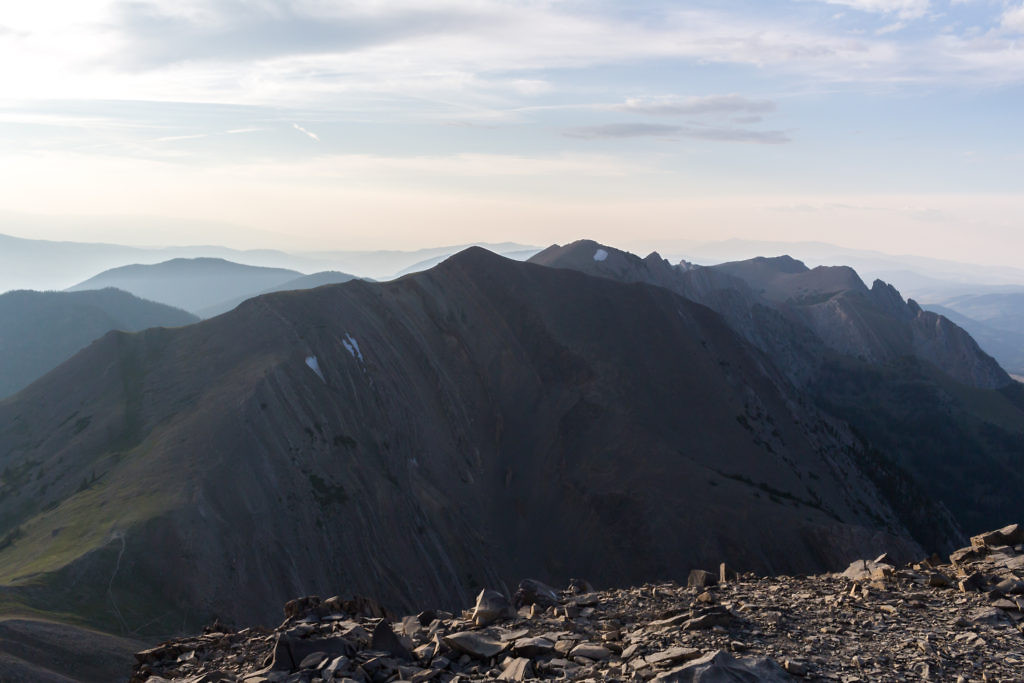 The northern Bridgers as seen from the summit. Pomp Peak (center left) and Hardscrabble (center right) can both be accessed by heading north from Sacajawea Pass.