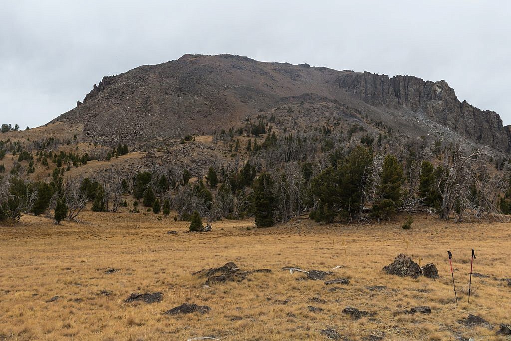 Approaching Black Butte from the east. Note the “ramp” which slices through the east face of the butte. This is the route you want to follow to the top