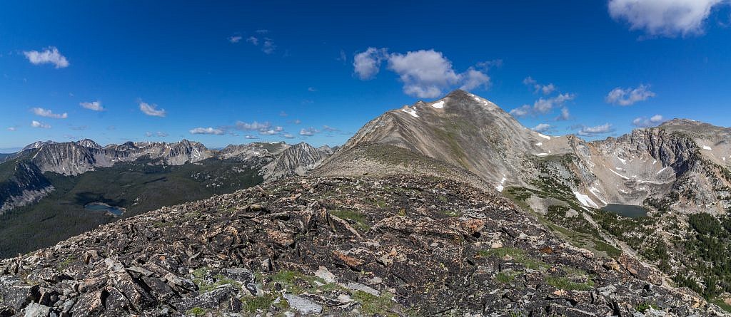 The final ridgewalk up Torrey. It’s incredibly scenic but the talus fields are relentless. Boot Lake, to the left of the ridge, can be accessed via another trailhead at the Dinner Station Campground. The small, unnamed lake to the right of the ridge could probably be most easily accessed by just descending the ridge towards it from this point.