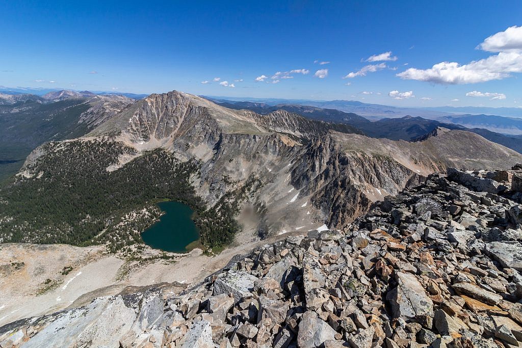 Looking north from the summit of Torrey. The actual highpoint of the range, Tweedy Mountain (11,154′) is situated just behind Torrey Lake. From this angle you can easily see how difficult it would be to get to one peak from the other. Torrey Lake can be accessed via a 10 mile hike starting from the other side of the range and you can supposedly ascend either mountain from a base camp at the lake.