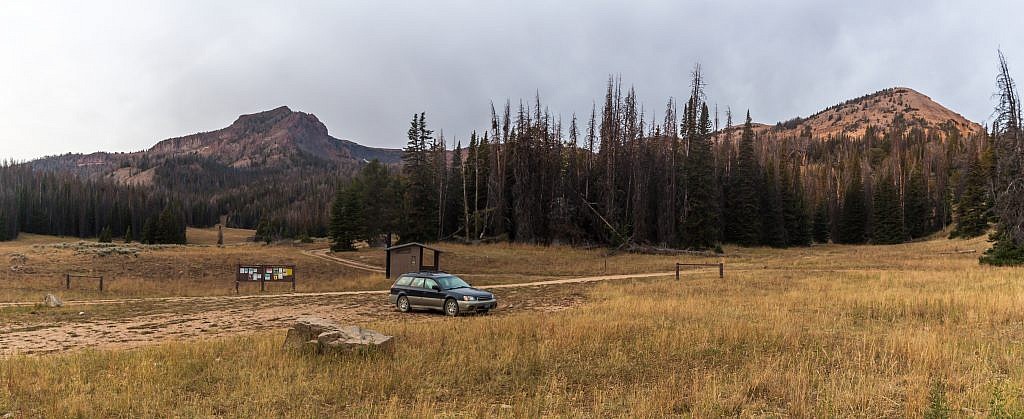 Wolverine Basin trailhead where I spent the night. Lion Mountain (10,171′) on the left and Cave Mountain (9,932′) on the right.