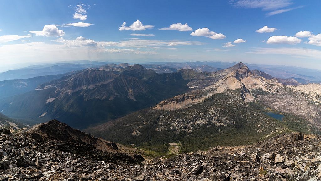 Looking east from the summit. Warren Peak (10,463′) and Warren Lake on the right.