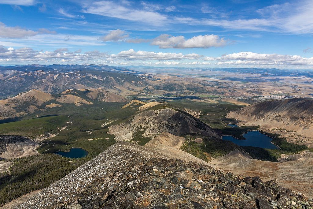 Looking north from the summit. Hearst Lake on the right and Haggin Lake on the left. Flint Creek Range in the distance on the left.
