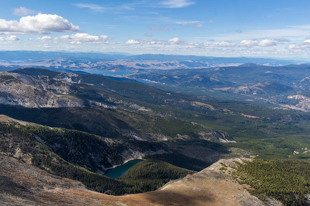 Looking northwest from the summit. Barker Lakes basin in the foreground and Georgetown Lake in the distance on the left.