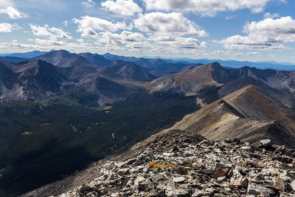 Looking west from the summit. A road leads deep into the drainage on the left which looks like a great place to establish a base camp for exploring some of the other peaks in the area or maybe an alternate route up Haggin.