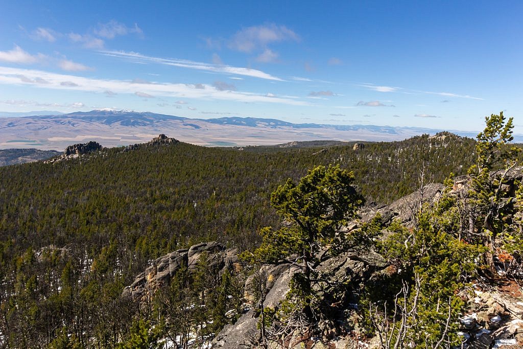 Looking northwest from the summit. Big Belts in the distance on the left and Wapiti Peak on the right.