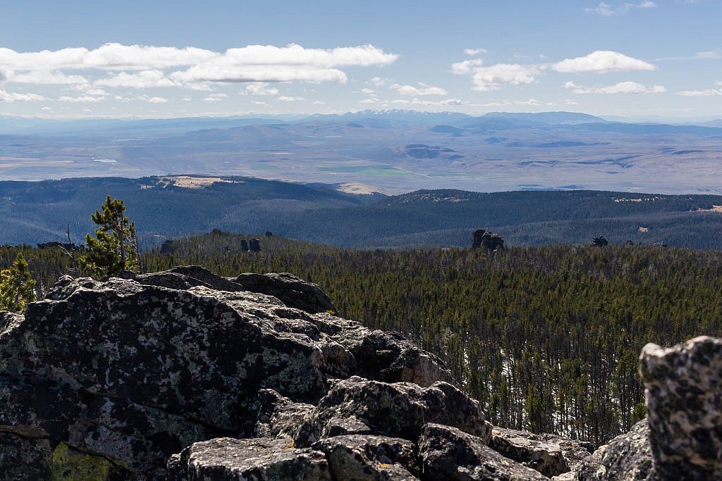 Looking southwest from the summit over the Shields River Valley. Bridgers in the distance. Notice all the “castles” poking out of the forest.