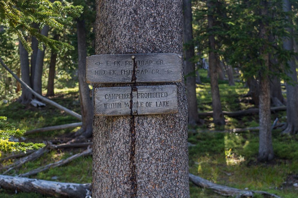 A sign at the saddle where Trail #2129 meets Trail #2128. At this point you want to head towards the Lost Lakes basin. I followed the obvious spur trail leading that direction as far as I could and then headed west along East Fork Fishtrap Creek up to the basin.