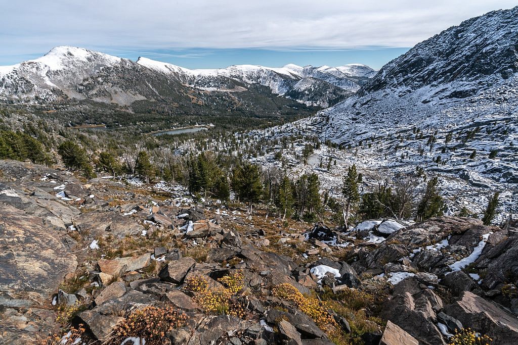 Looking over the Branham Lakes basin from the saddle east of Gneiss Lake.