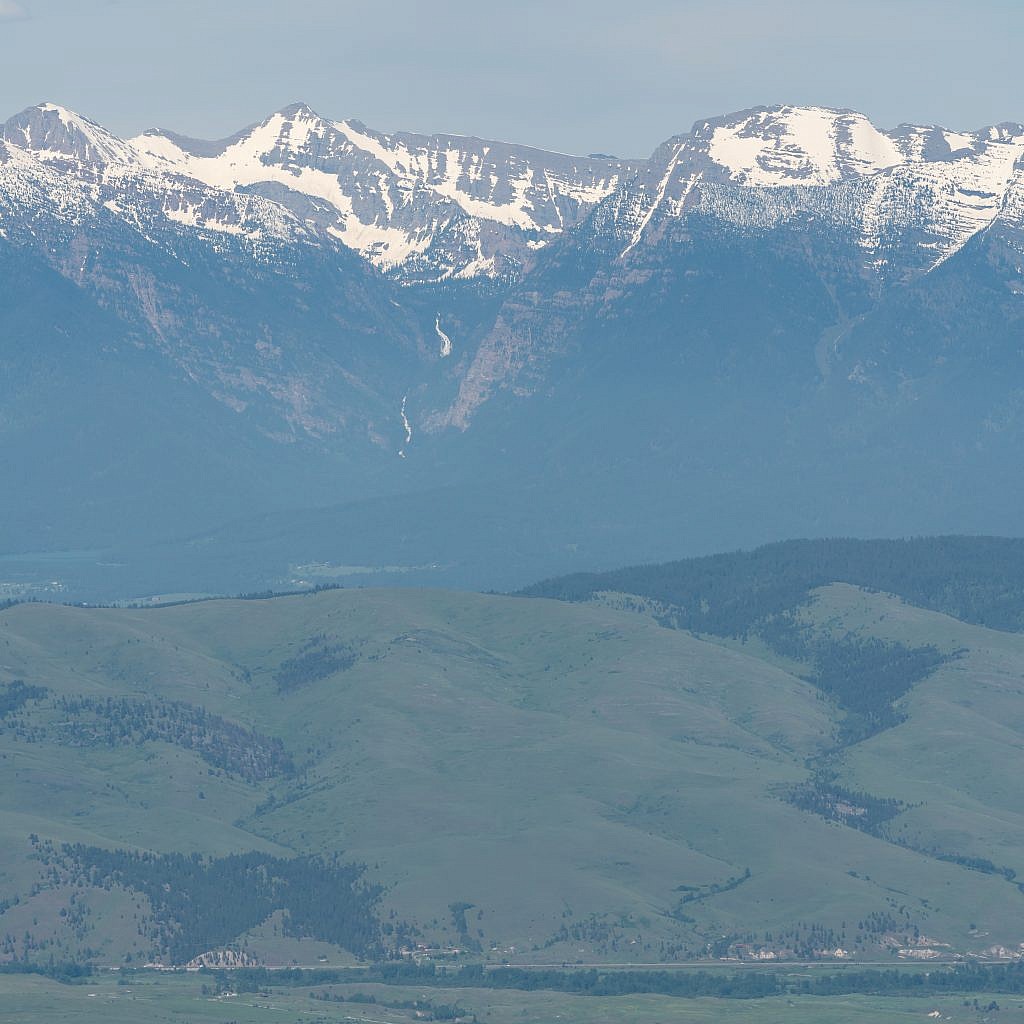 Closeup of Mission Falls (bottom) and Elizabeth Falls (top) in the Mission Mountains.