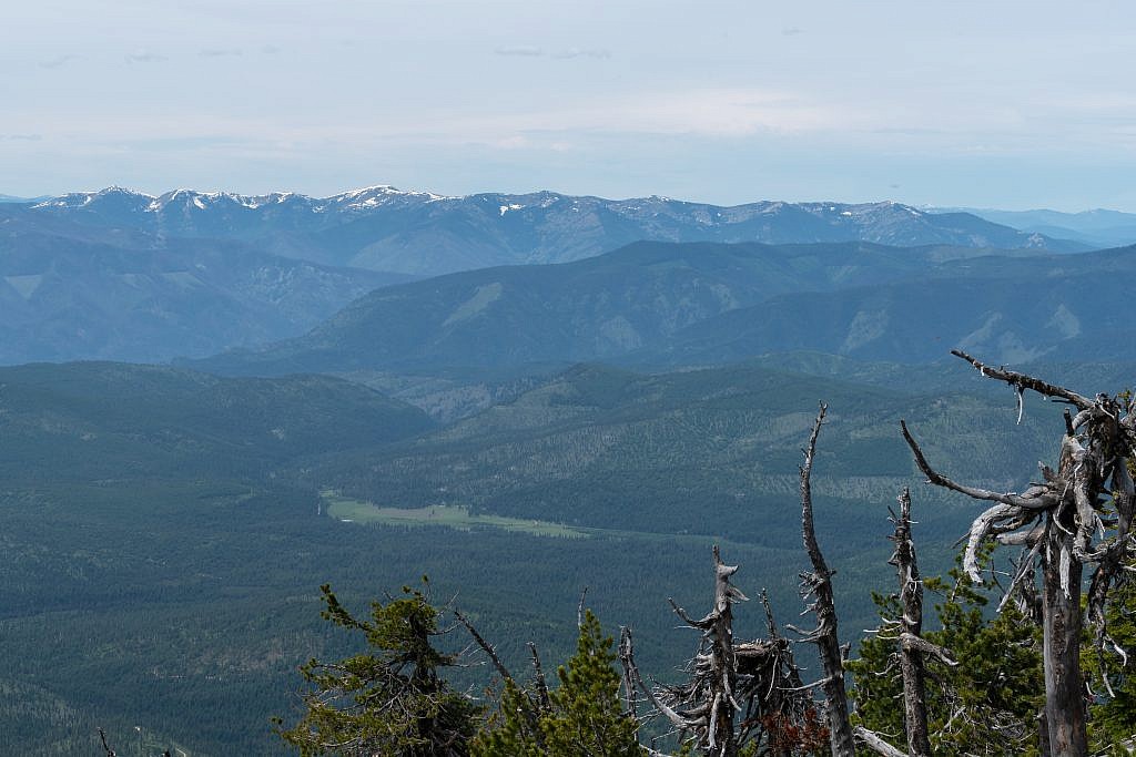 Looking west from the summit towards the Cour d’Alene Mountains. Cherry Peak is the highpoint (center left) which I have yet to do.