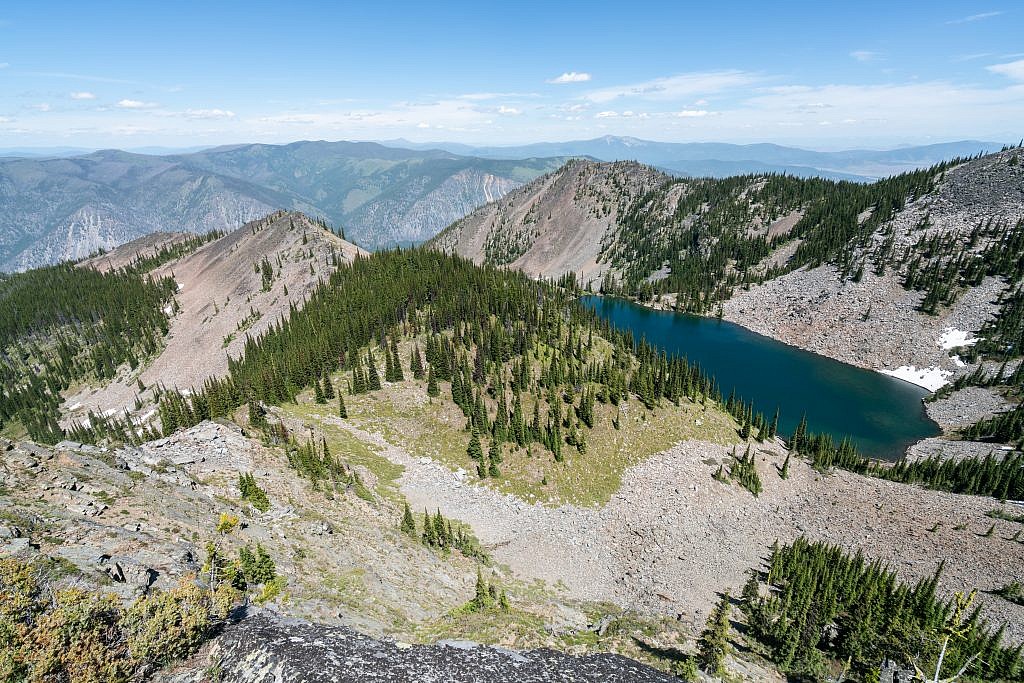 Tuffy’s Lake lookout. I bushwhacked up to this point from the junction but I’m fairly confident the left fork will take you down to the lake which looks like a great backpacking destination. Baldy Mountain way off in the distance.