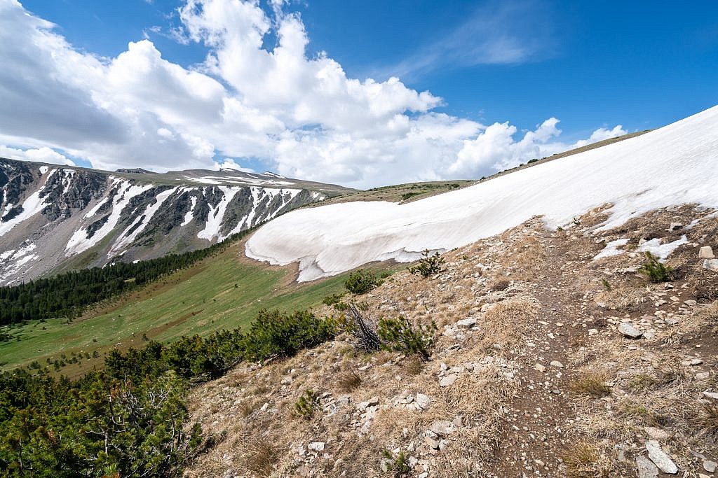 The monster snow field and only snow that gave us trouble along the hike. Froze to Death Plateau in the background.