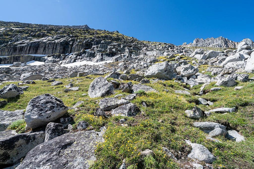 Looking up the natural ramp from the base of South Gorge Lake.