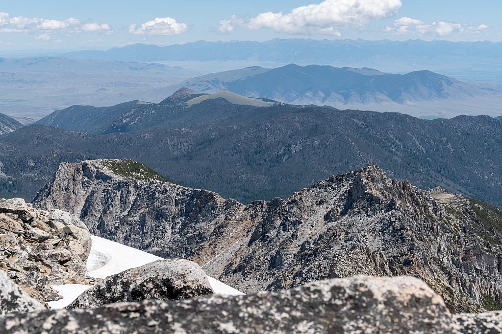 Looking east from the summit. Barb Mountain (looks impossible) in the foreground, Tobacco Roots in the background, and the McCartney Mountain Range in the foreground.